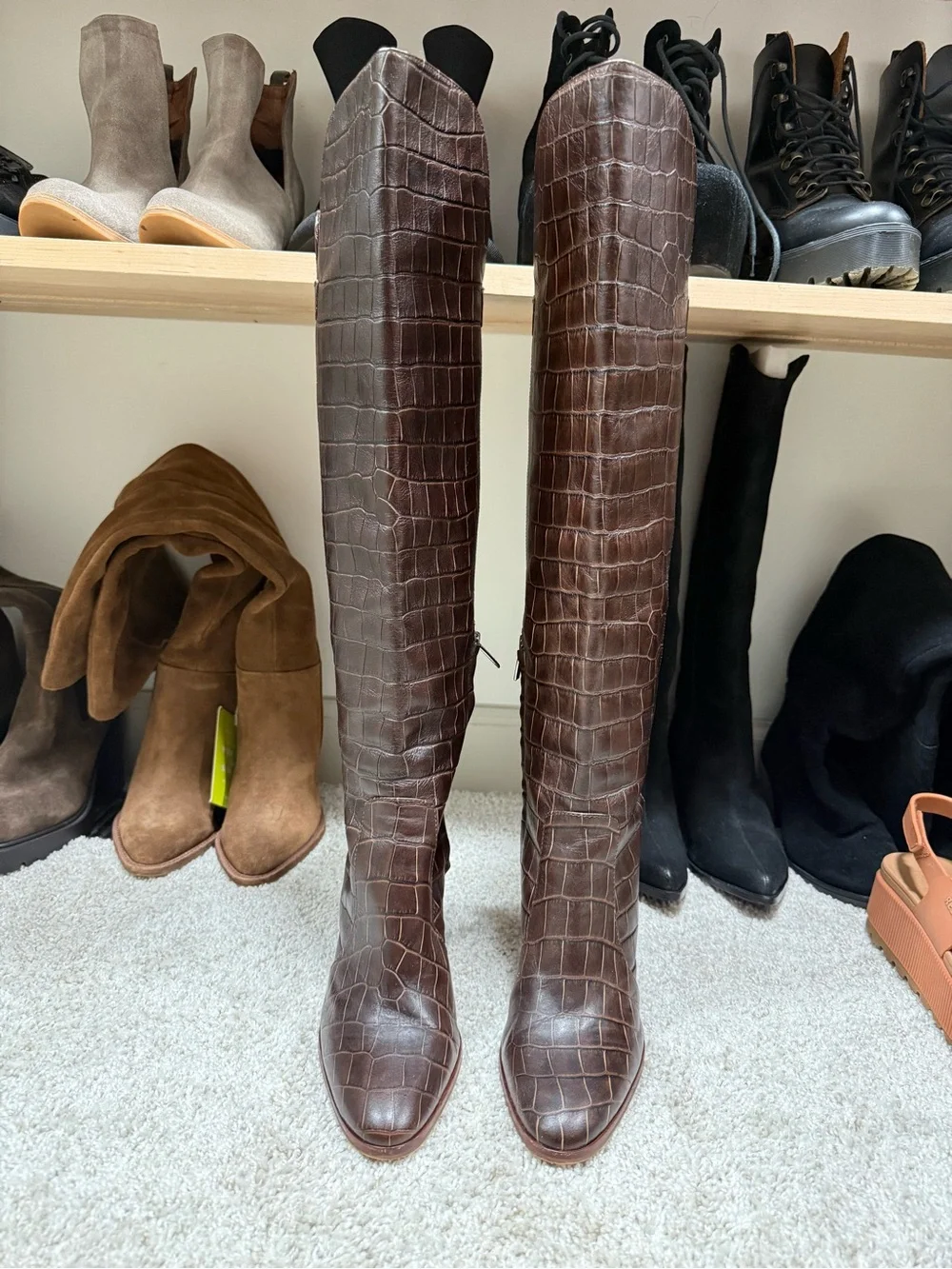 Vince Camuto Dark Brown Croc-Embossed Over-the-Knee Block Heel Boots